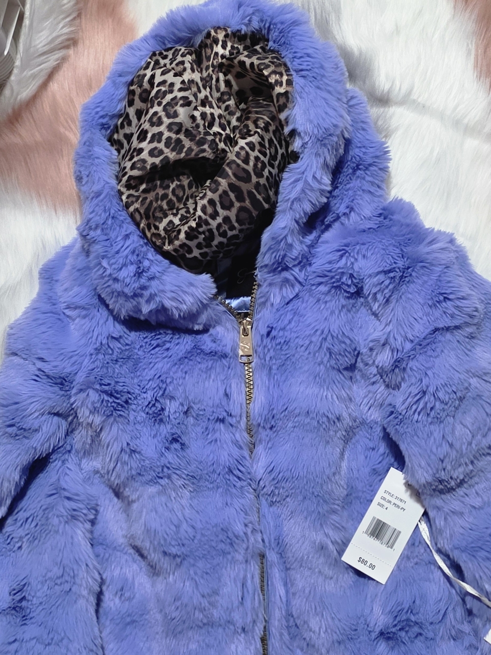 Kids Plush Hooded Jacket with Leopard Lining - Lavender Faux Fur 4T Or 2T